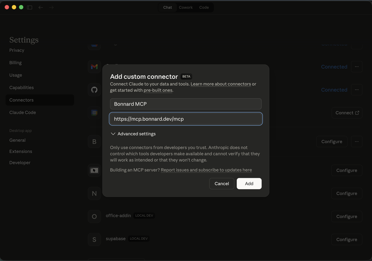 Adding a Bonnard MCP connector in Claude Desktop